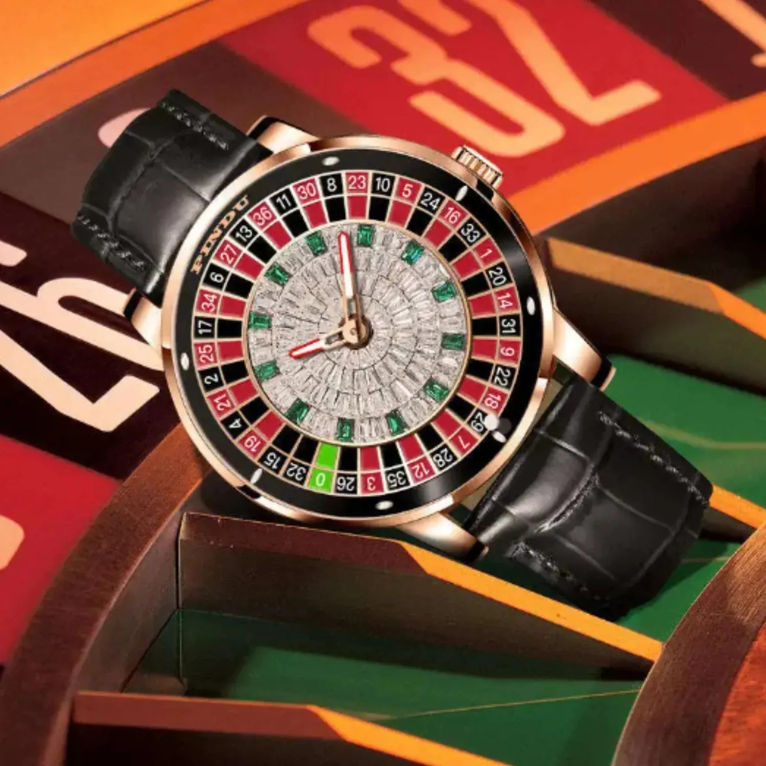 PINDU Casino Roulette Luxury Watch – Rose Gold Baguette Crystal Dial