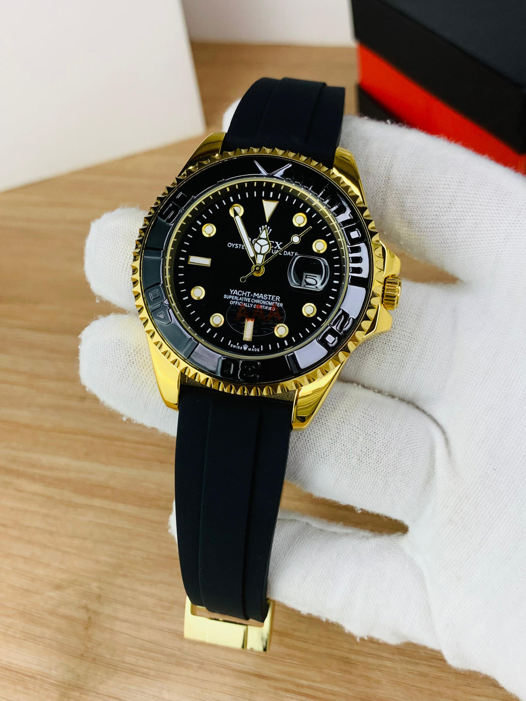 ST014 Yacht-Master Men’s Watch | Premium Black Dial with Rubber Strap | Waterproof & Stylish Design