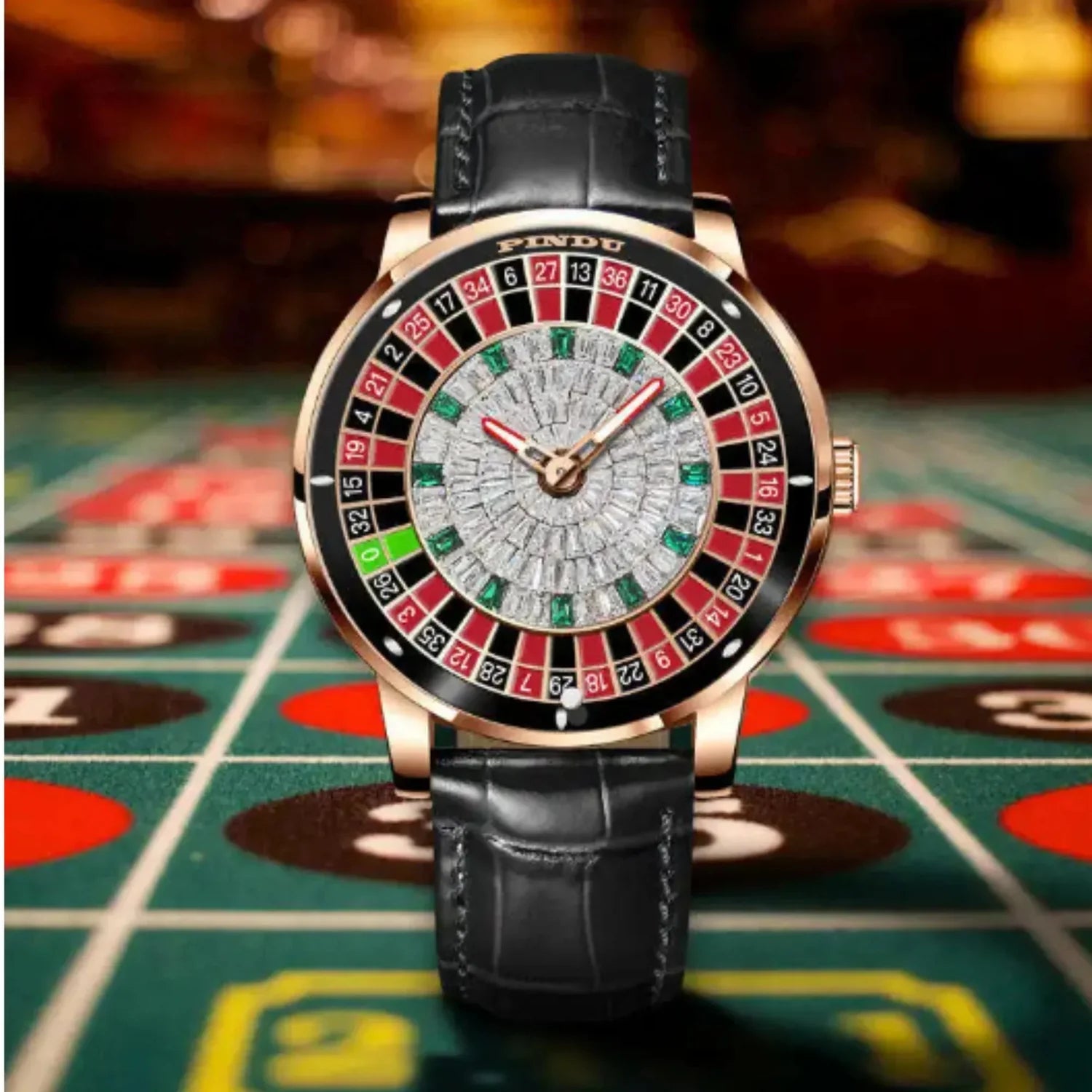 PINDU Casino Roulette Luxury Watch – Rose Gold Baguette Crystal Dial
