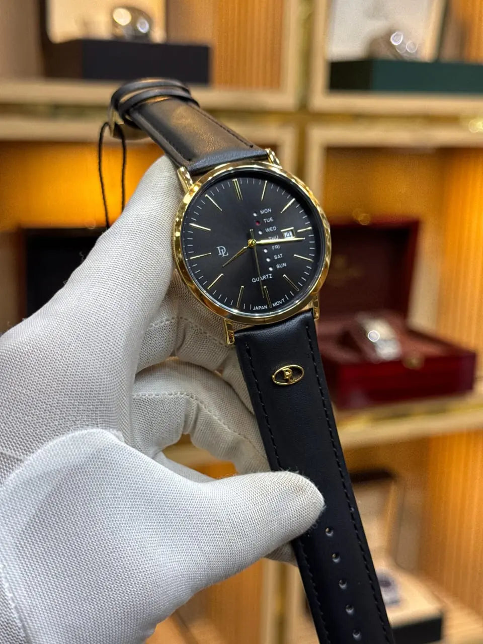 ST002 Classic Black Leather Men’s Watch with Day & Date Display