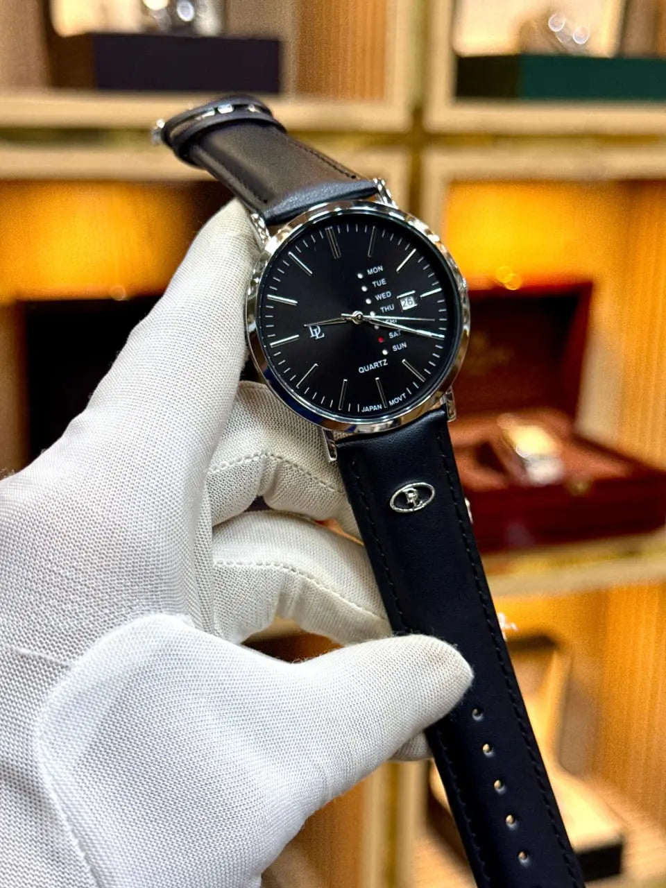 ST002 Classic Black Leather Men’s Watch with Day & Date Display