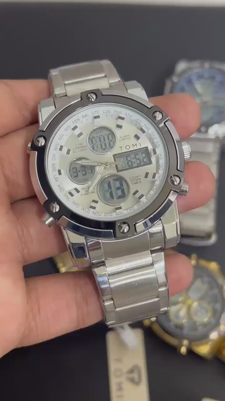 ST013 - TOMI Dual Time Chronograph Stainless Steel Watch – Premium Men’s Edition