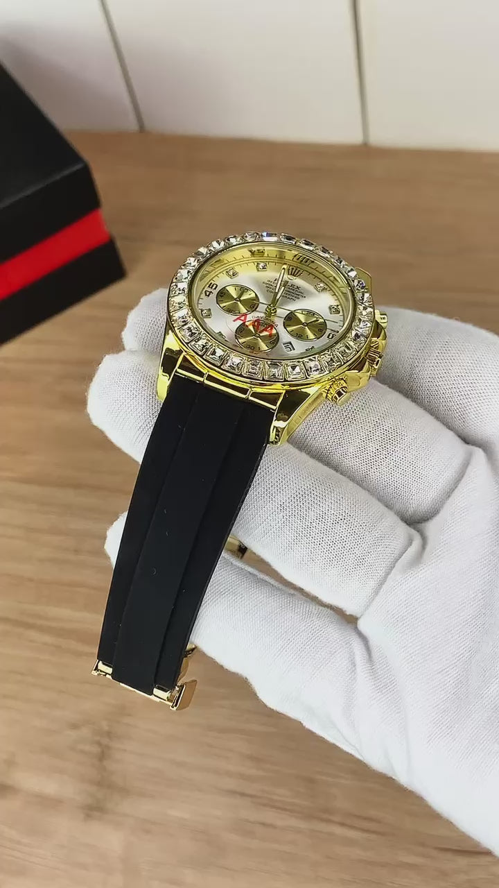 "Luxury Golden Black Chronograph Gents Watch ⌚ Premium Rubber Strap | Stylish Men’s Wrist Watch"