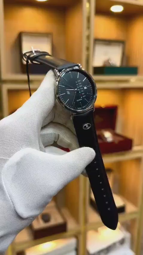 ST006 Classic Black Leather Men’s Watch with Day & Date Display