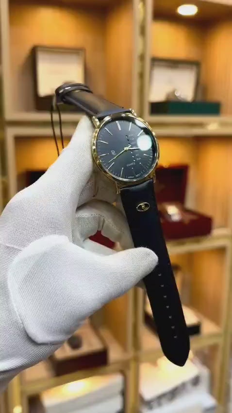 ST006 Classic Black Leather Men’s Watch with Day & Date Display